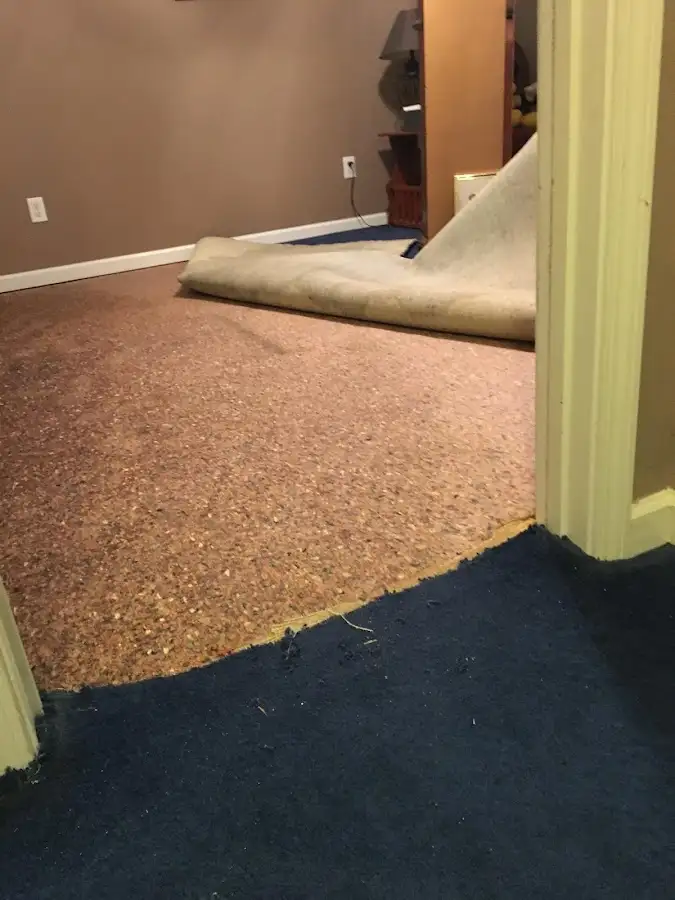 Carpet pad removal revealing water damage during Water Mitigation Services in Lawrence